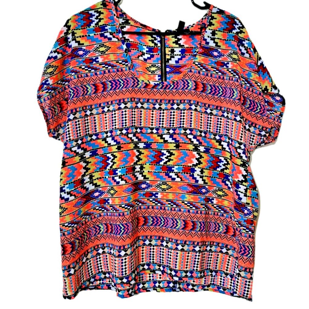 014) Fun & Flirt Womens Blouse Xlarge geometric Zip Back Colorful Retro Neon